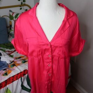 Anthropologie Pink Boxy Button Down Shirt with Notched Collar